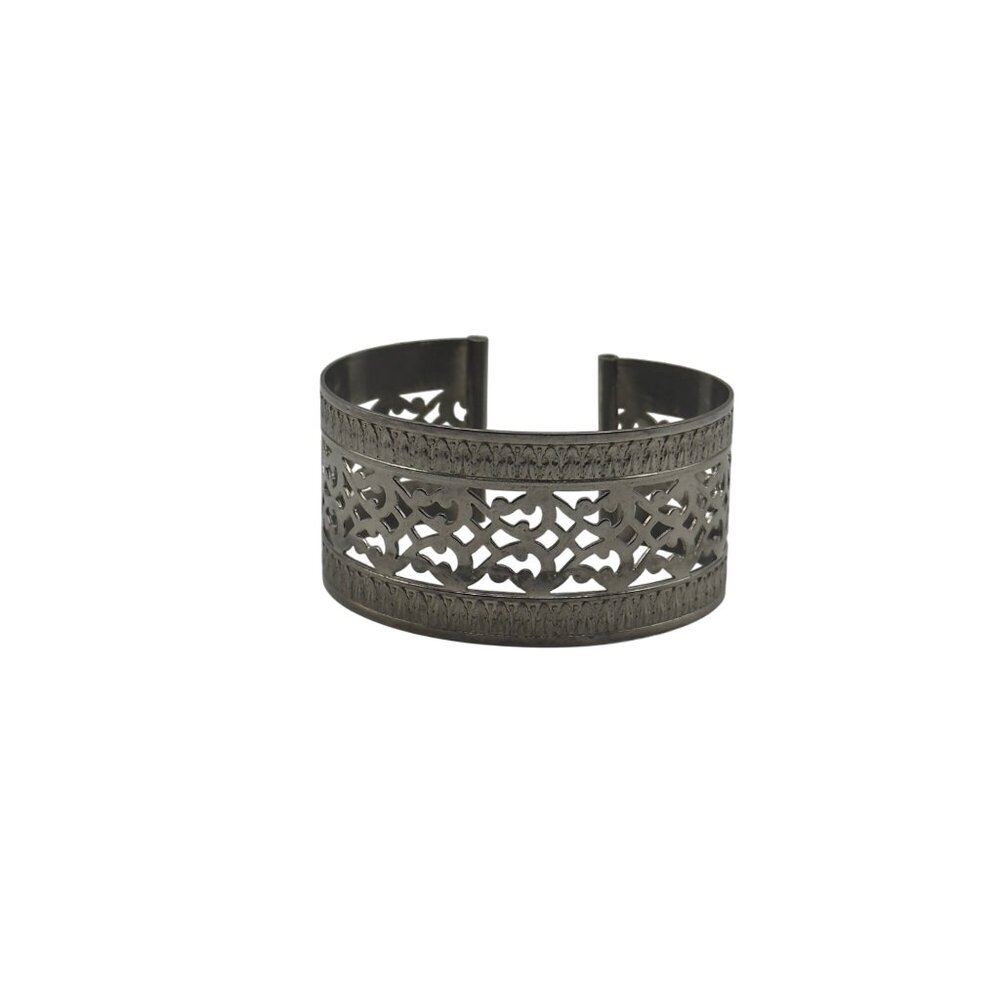 Silver-Tone Cuff Bracelet Open Work Intricate Detailing Adjustable Fit Ornate